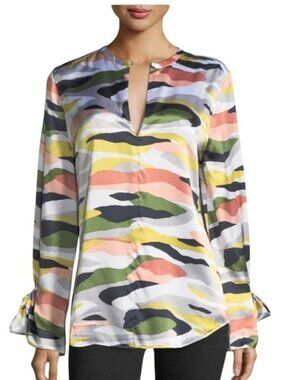 EQUIPMENT FEMME Camo Print Blouse Top Size Small 100% Silk Long Sleeve Keyhole
